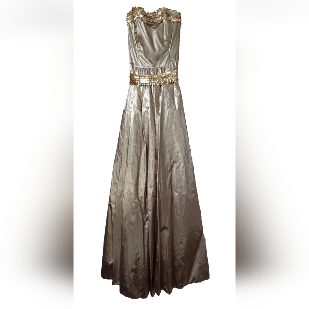 Gunne Sax 5 Jessica McClintock Nylon Metallic Gold Shiny Sequin VTG Dress 80s 90